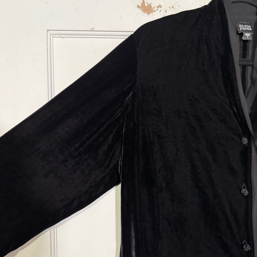 Eileen Fisher Velvet Button Up Jacket Long Sleeve Black Size Large Silk Top - Picture 6 of 14